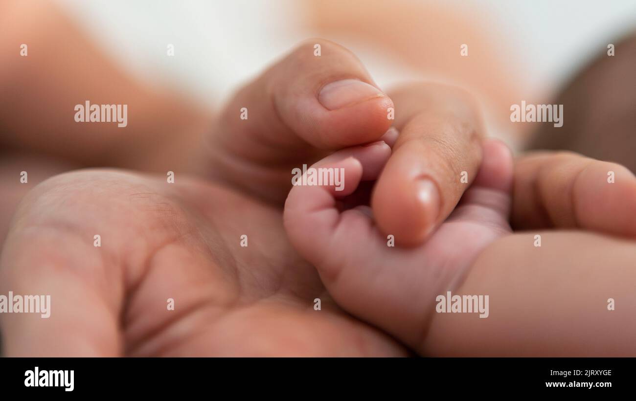 Close up mother holding hands newborn boy in a room with a lot of sunlight. Baby sleeping on the mother's bed. Health care, love and relationship conc Stock Photo