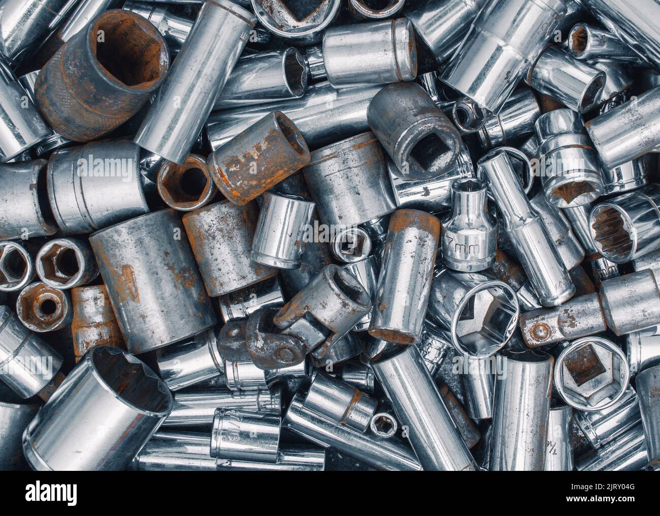Collection of old ratchet wrench sockets Stock Photo