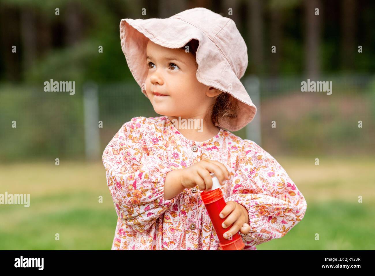 happy baby girl with soap bubble blower in summer Stock Photo - Alamy