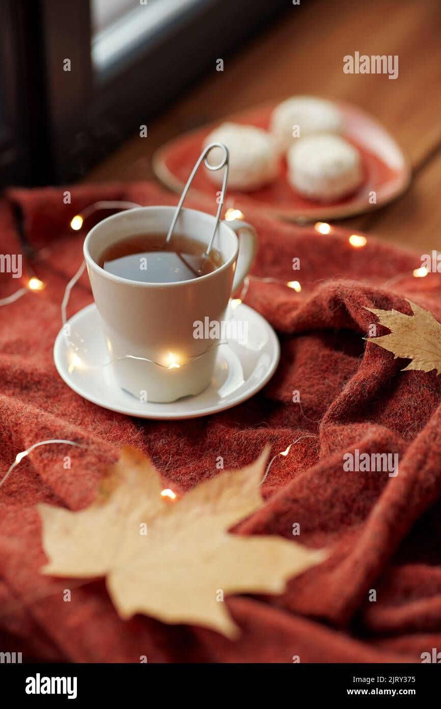 cup of tea and autumn leaves on window sill Stock Photo - Alamy