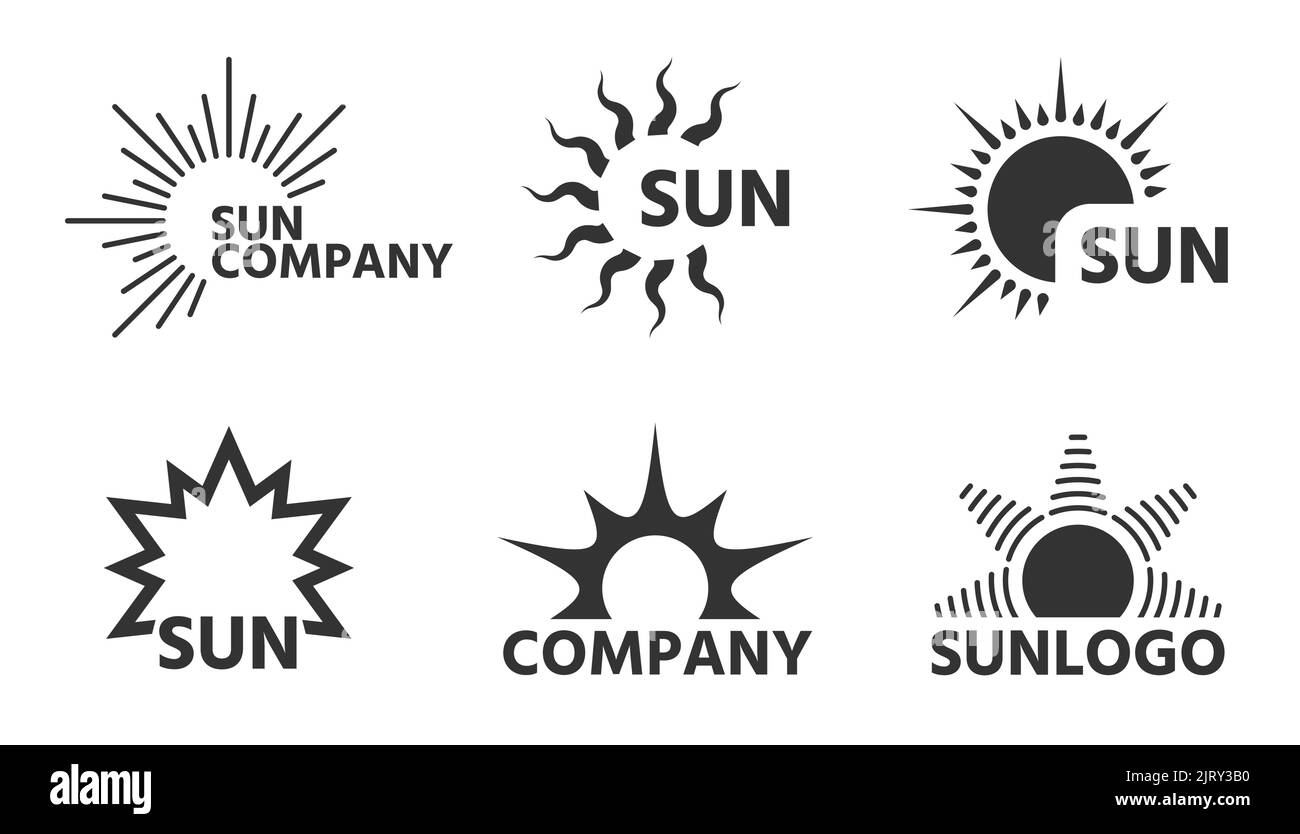 Sun logo flat tag set. Various shape sunshine business emblem. Cartoon