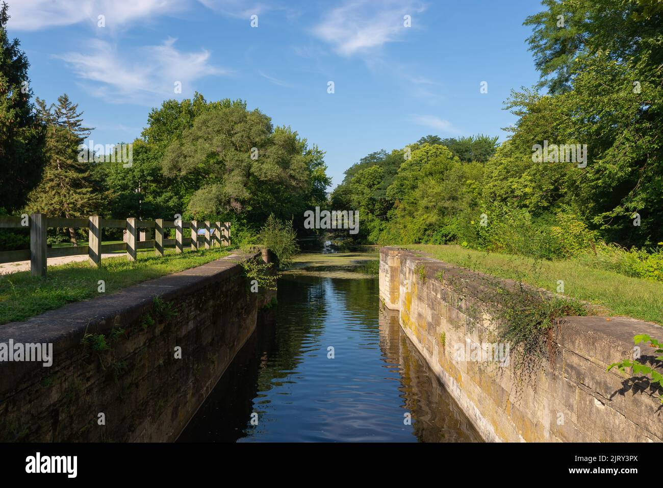 Looking down the historic I and M Canal in Aux Sable, Illinois Stock