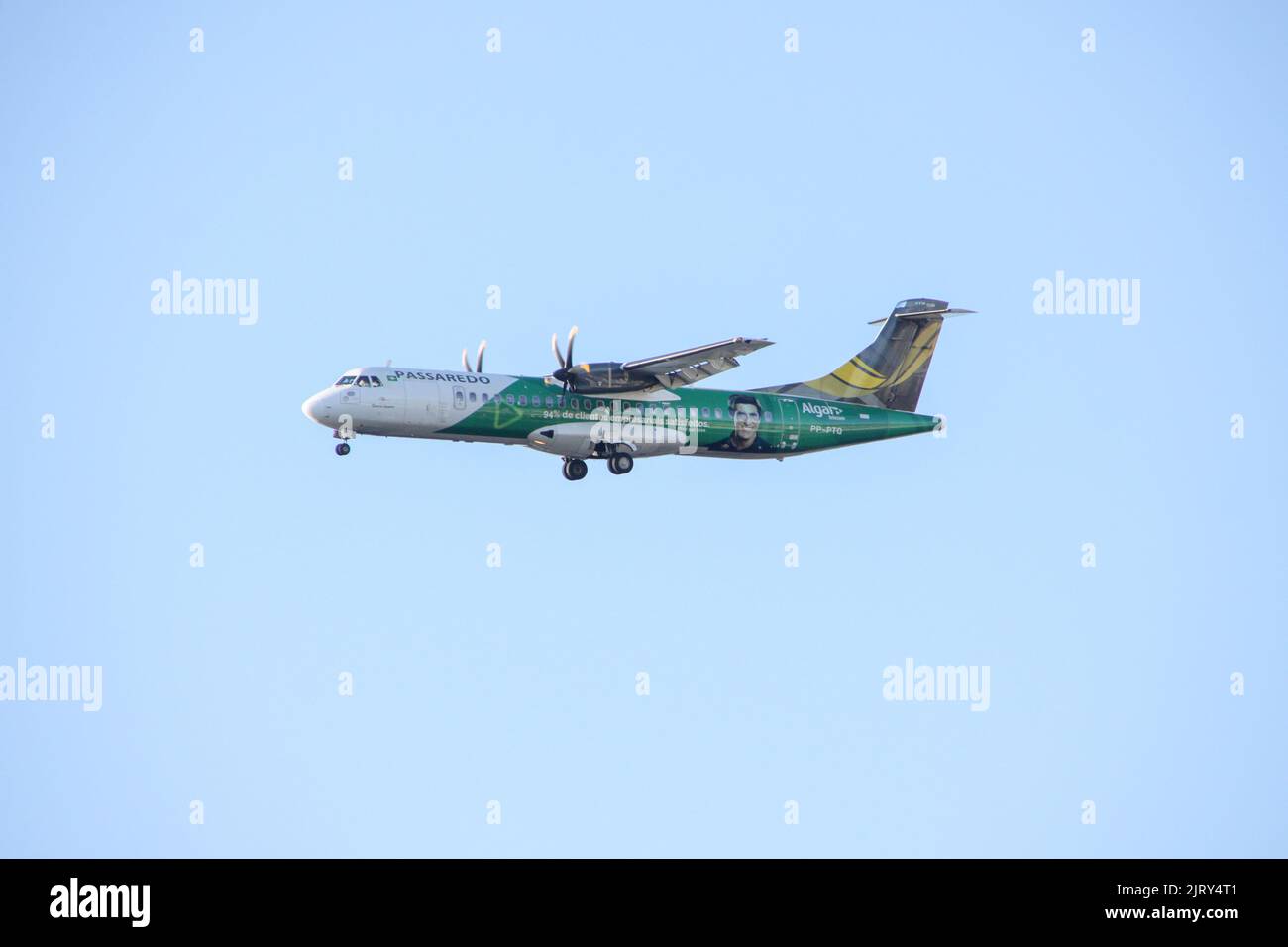 Airplane approaching the Santos Dumont airport in Rio de Janeiro - January 27, 2019: Plane approaching to land at Santos Dumont airport in Rio de Jane Stock Photo