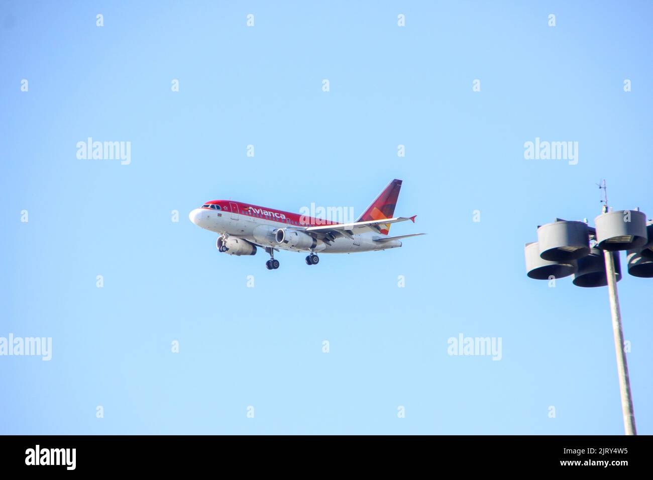 Airplane approaching the Santos Dumont airport in Rio de Janeiro - January 27, 2019: Plane approaching to land at Santos Dumont airport in Rio de Jane Stock Photo