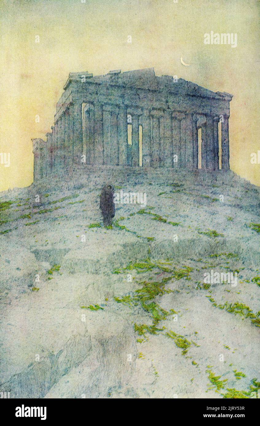 This 1913 illustration shows the Parthenon in Athens, Greece.  The Parthenon is a former temple on the Athenian Acropolis, Greece, that was dedicated to the goddess Athena during the fifth century BC. Its decorative sculptures are considered some of the high points of Greek art, an enduring symbol of Ancient Greece, democracy and Western civilization. Jules Guérin 1866 –1946) was an American muralist, architectural delineator, and illustrator. A painter and widely published magazine illustrator, he gained prominence for his architectural work such as in the 1906, Plan for Chicago, and for the Stock Photo