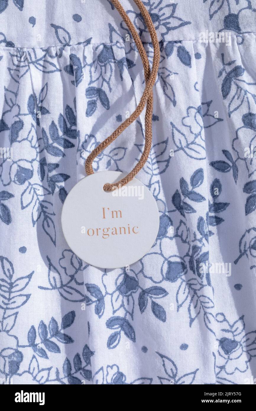 Organic tag on fabric Stock Photo