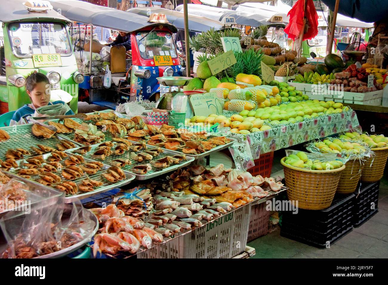 Fish and Fruits at Pat Khlong Talat market, Bangkok, Thailand Stock Photo