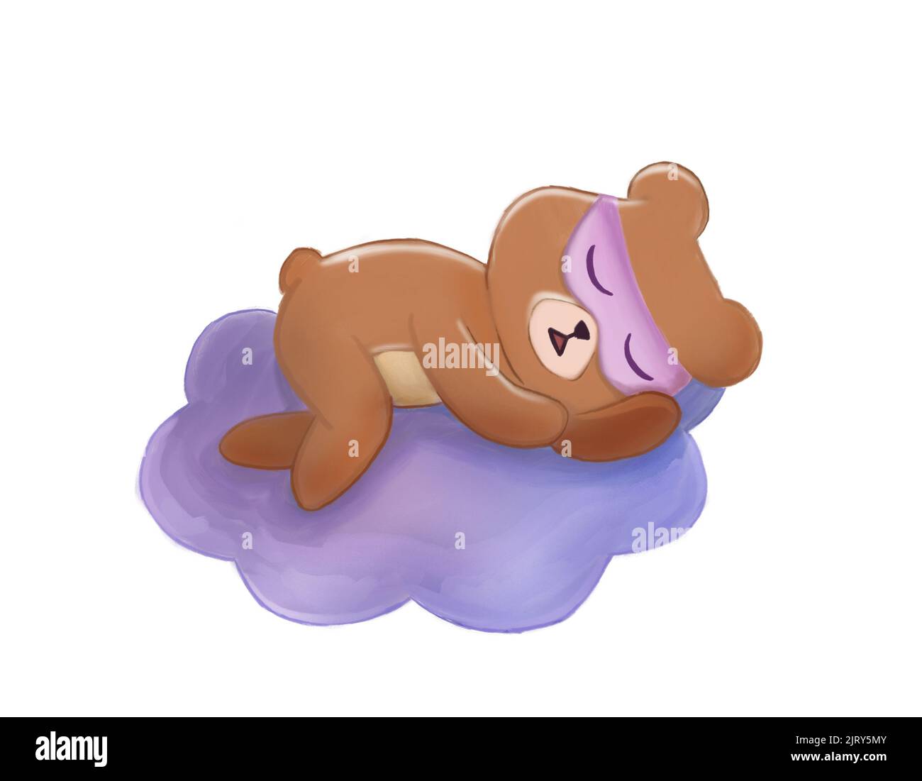 Drawing of a bear sleeping on a purple cloud. The illustration is hand ...