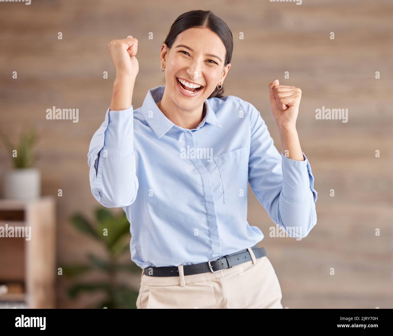 Happy, winner and business woman in success, yes celebration for