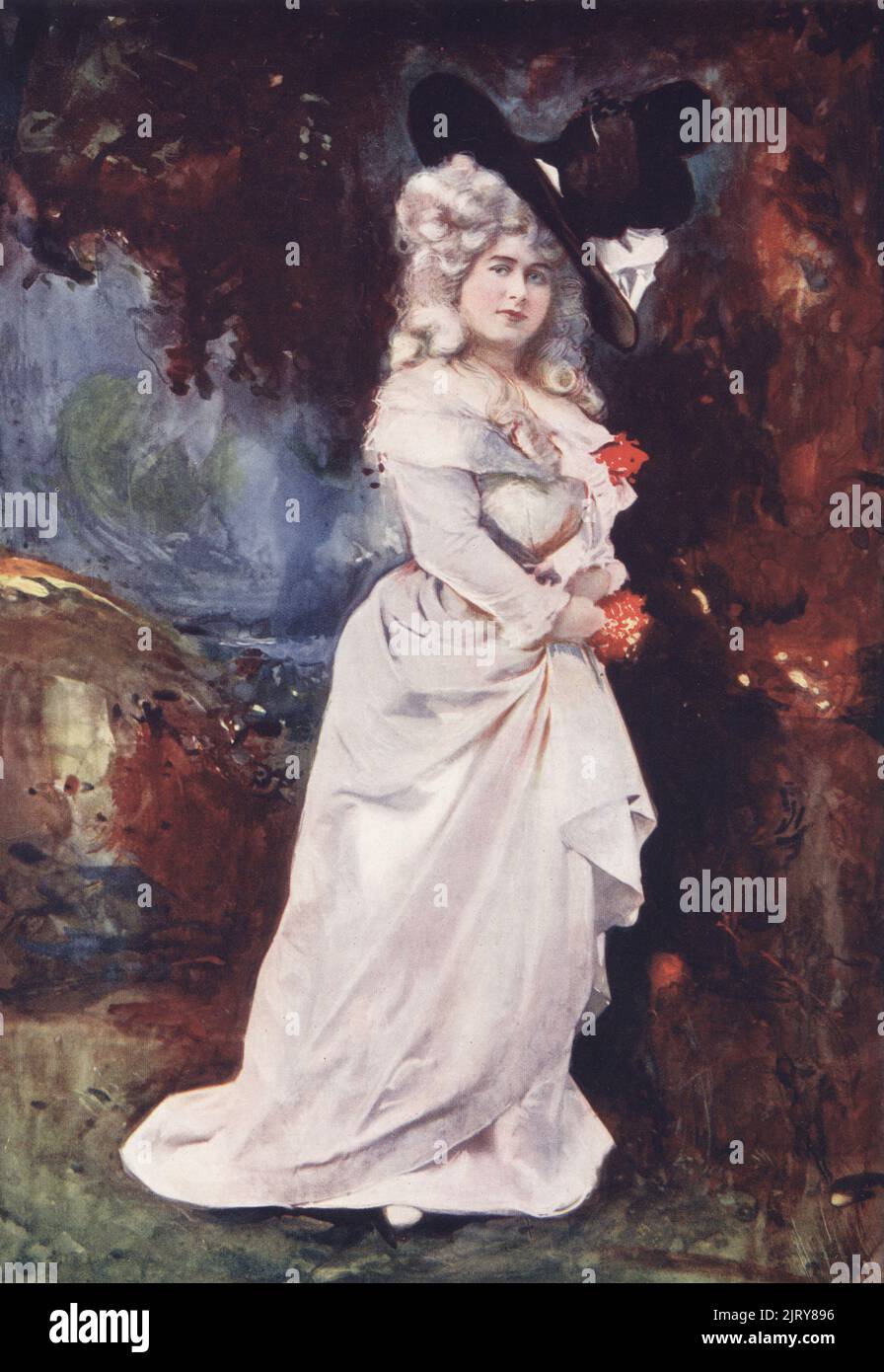 Miss Connie Ediss as Bella Jimper in The Silver Slipper, a musical by Owen Hall and Leslie Stuart at the Lyric, 1901 Ada Harriet Whitley, English actress and singer popular in Edwardian musical comedy, 1870-1934. Photograph by Alfred Ellis and Walery (Stanislaw Julian Ignacy). Colour printing of a hand-coloured illustration based on a monochrome photograph from George Newnes’s Players of the Day, London, 1905. Stock Photo