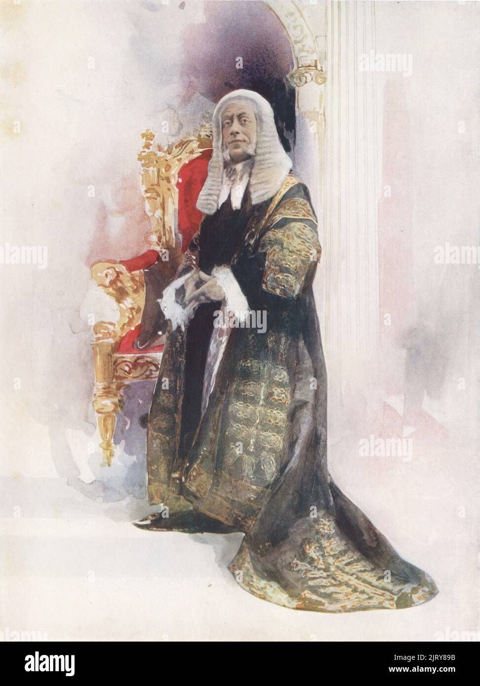 Walter Passmore as the Lord Chancellor in Iolanthe, the Savoy comic opera by Gilbert and Sullivan, 1901. Passmore, English singer and actor in comic baritone roles, 1867-1946. Photograph by Alfred Ellis and Walery (Stanislaw Julian Ignacy). Colour printing of a hand-coloured illustration based on a monochrome photograph from George Newnes’s Players of the Day, London, 1905. Stock Photo