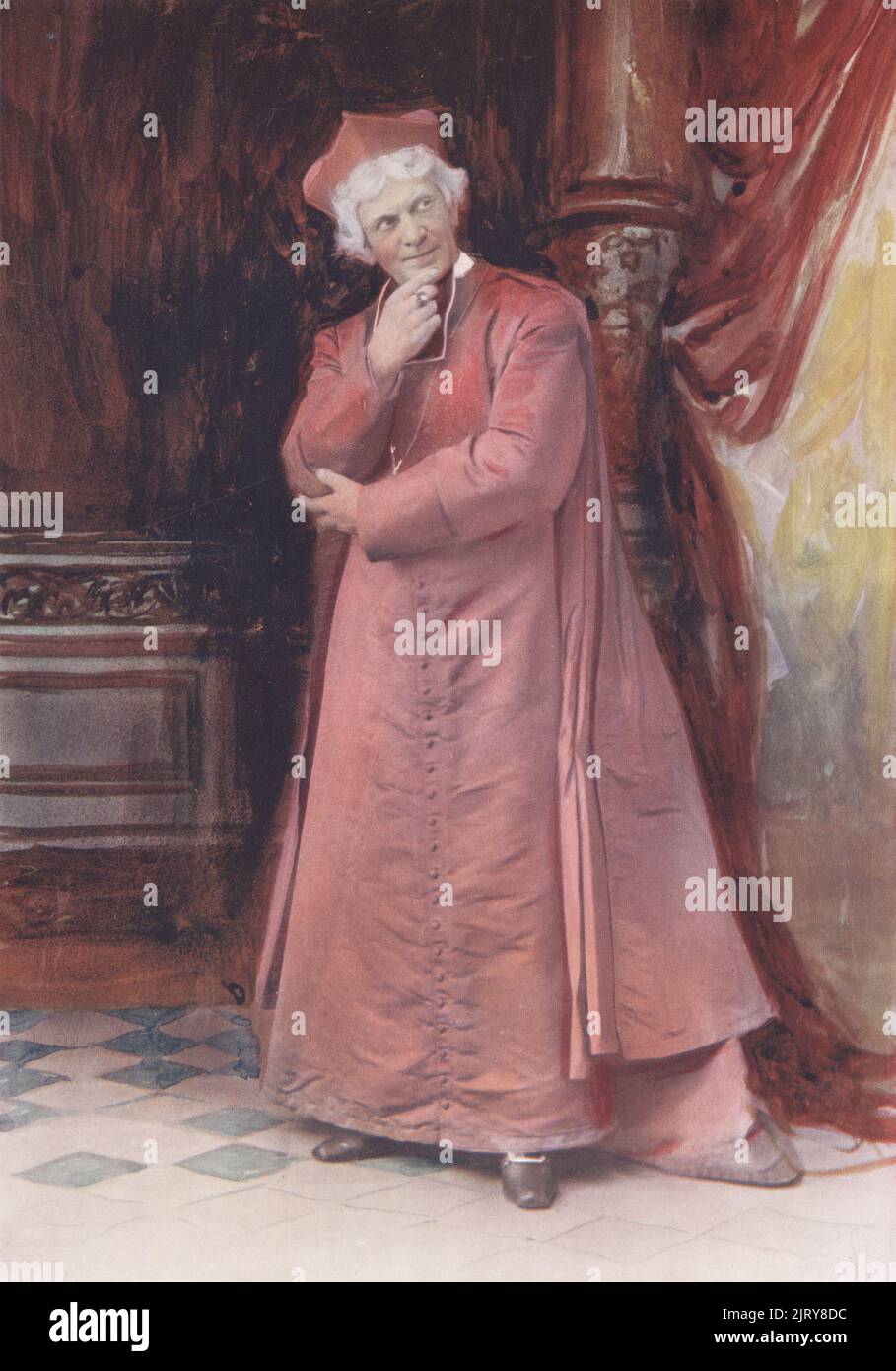 Arthur Bourchier as the Bishop in The Bishop's Move, a comedy by Mrs Pearl Craigie, 1902. Arthur Bourchier, English actor and theatre manager, 1863-1927. Photograph by Alfred Ellis and Walery (Stanislaw Julian Ignacy). Colour printing of a hand-coloured illustration based on a monochrome photograph from George Newnes’s Players of the Day, London, 1905. Stock Photo