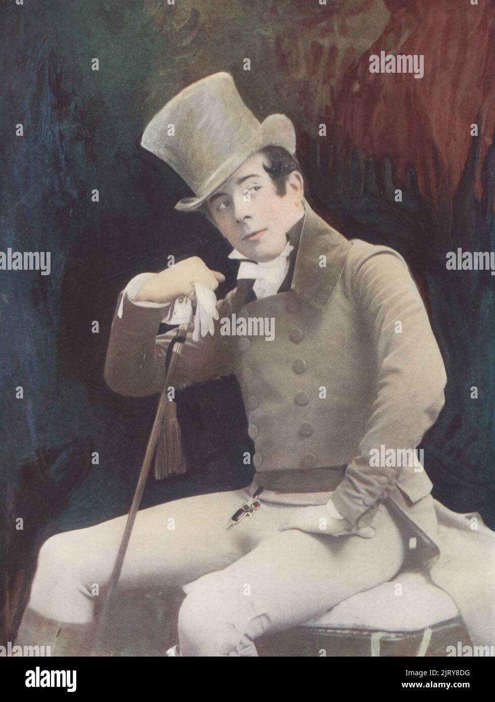 Seymour Hicks as Valentine Brown in Quality Street, a popular musical comedy by J.M. Barrie, Vaudeville Theatre, 1902. SIr Edward Seymour Hicks, English actor, music hall performer, manager, 1871-1949. Photograph by Alfred Ellis and Walery (Stanislaw Julian Ignacy). Colour printing of a hand-coloured illustration based on a monochrome photograph from George Newnes’s Players of the Day, London, 1905. Stock Photo