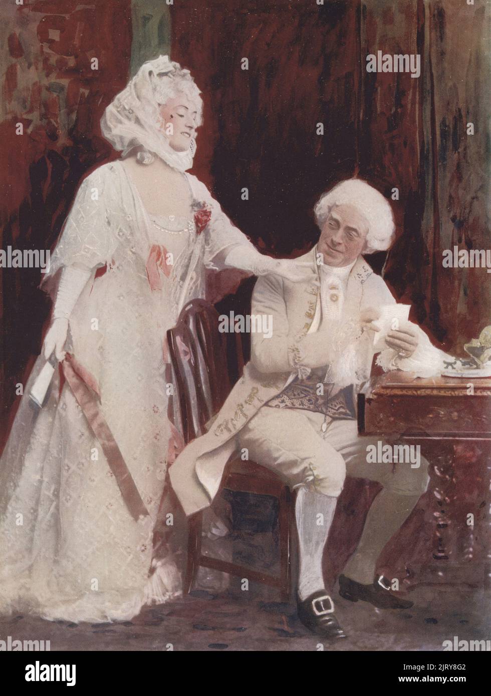 Winifred Emery and Cyril Maude in The School for Scandal, comedy by Richard Sheridan, Vaudeville Theatre, 1890.sca Cyril Maude, English actor manager, 1862-1951. Performing with his wife Maud Isabel Emery, English actress and actor manager, 1861-1924. Photograph by Window and Grove (Frederick Richard Window and William Henry Grove). Colour printing of a hand-coloured illustration based on a monochrome photograph from George Newnes’s Players of the Day, London, 1905. Stock Photo