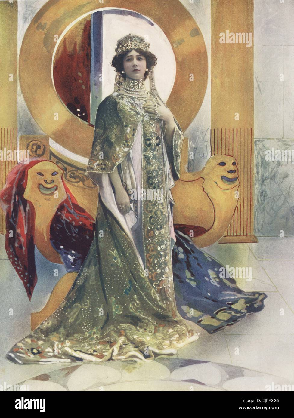 Madame Carolina Otero in L'Imperatrice, a ballet by jean Richepin and Paul Vidal, performed at the Theatre Olympia in 1901. Agustina del Carmen Otero Iglesias, La Belle Otero, Spanish dancer, singer and later courtesan, 1868-1965. Photograph by Leopold Emile Reutlinger. Colour printing of a hand-coloured illustration based on a monochrome photograph from George Newnes’s Players of the Day, London, 1905. Stock Photo