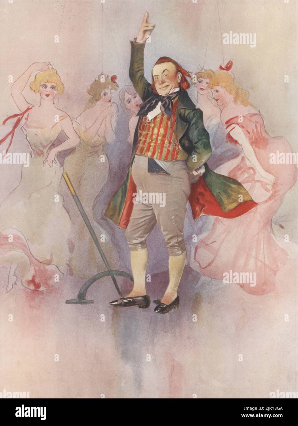 Willie Edouin as Hilarius in La Poupee, a comic opera by Edmond Audran, Prince of Wales Theatre, 1897. Edouin, English comedian, actor, dancer, singer and writer, 1846-1906. Photograph by Alfred Ellis and Walery (Stanislaw Julian Ignacy). Colour printing of a hand-coloured illustration based on a monochrome photograph from George Newnes’s Players of the Day, London, 1905. Stock Photo