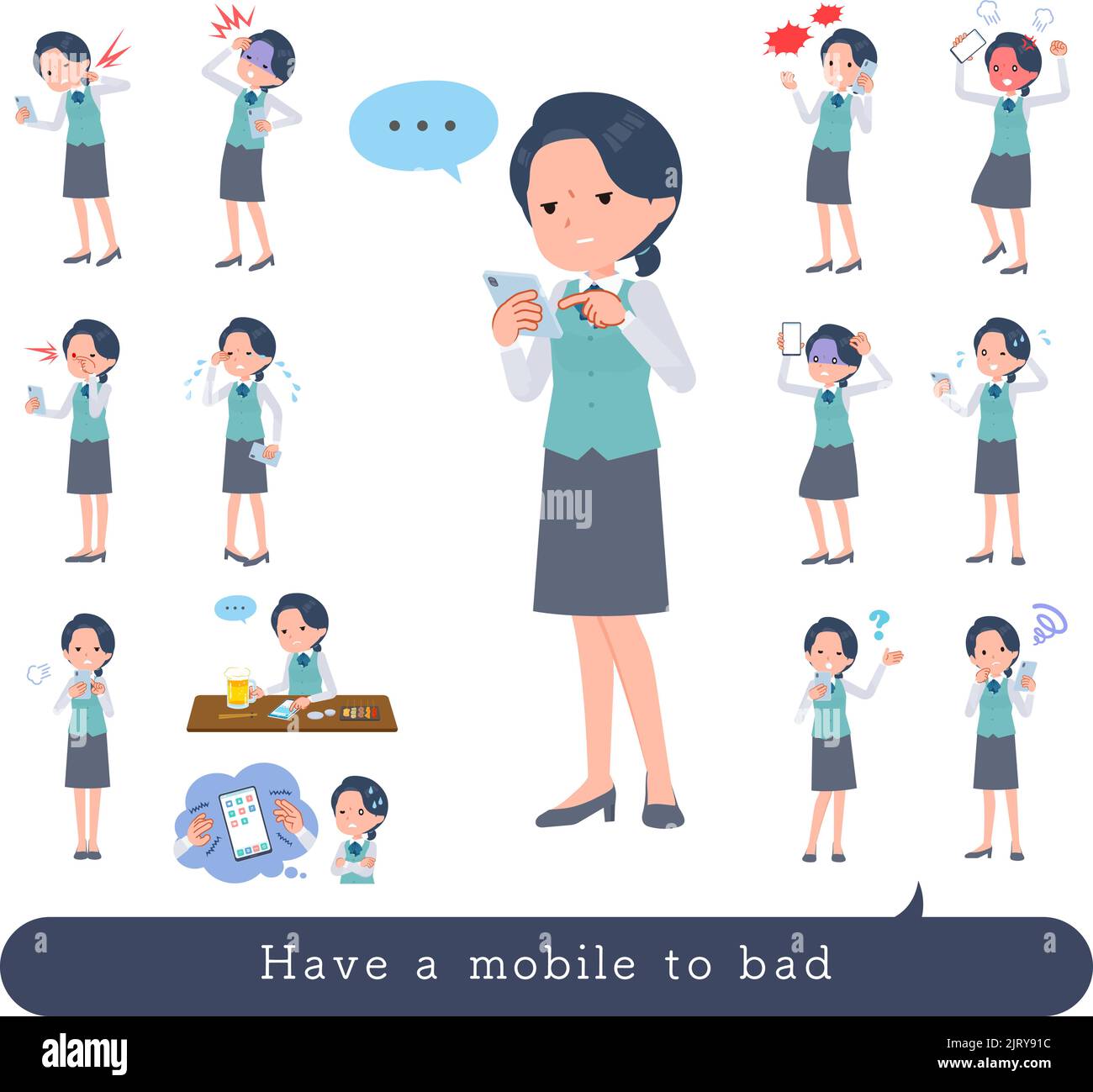 A set of Clerk woman to Unhappy using a smartphone.It's vector art so easy to edit. Stock Vector