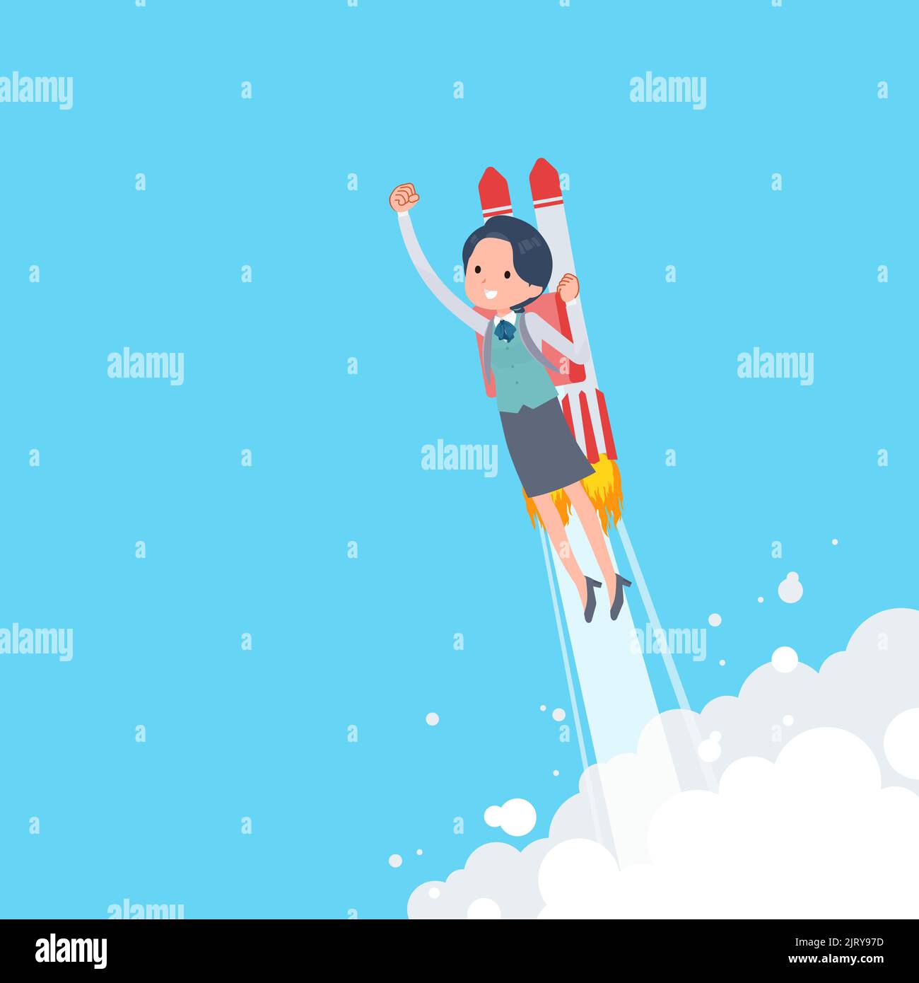 A set of Clerk woman taking off with a rocket jet.It's vector art so easy to edit. Stock Vector