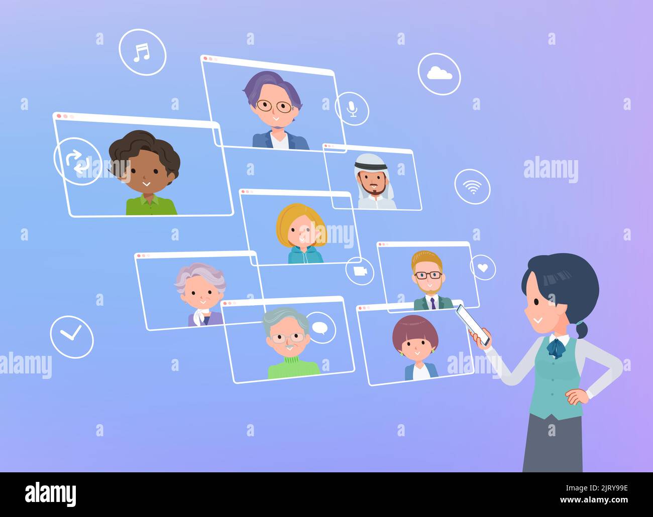 A set of Clerk woman communicating online using a smartphone.It's vector art so easy to edit. Stock Vector