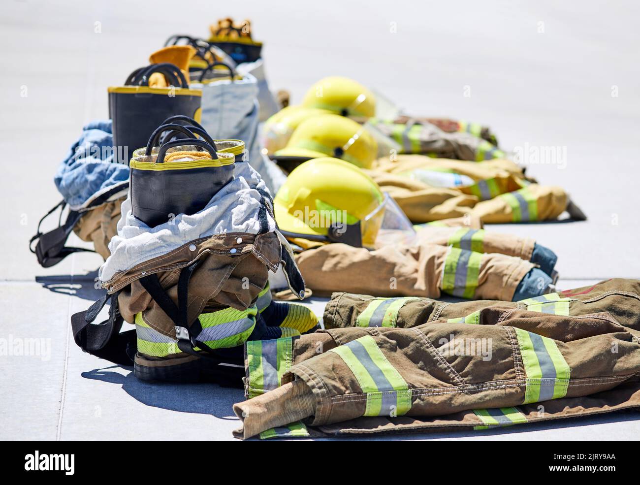 Newly recruited cadet fire firefighters training gear Stock Photo