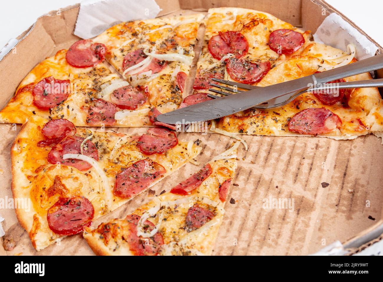 Round pepperoni pizza with fork and knife on it in Rio de Janeiro Stock