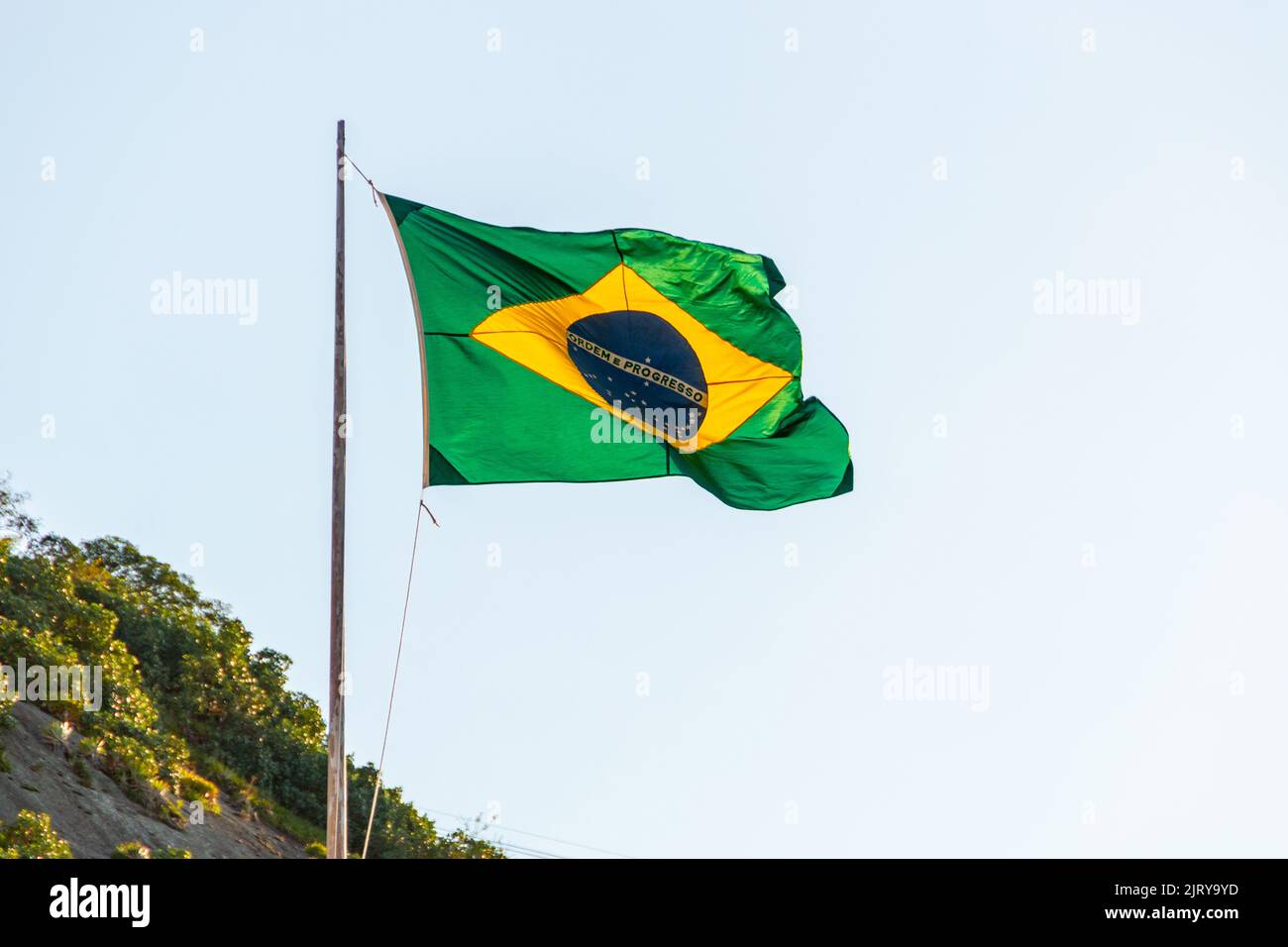 Brazilian flag outdoors. Stock Photo