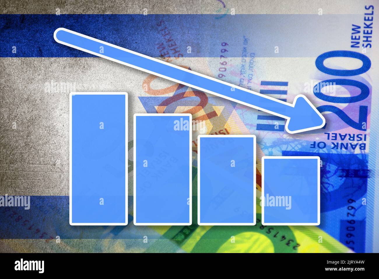 Economy Chart Down Arrow, Cash New Shekels Bills and Israel Flag