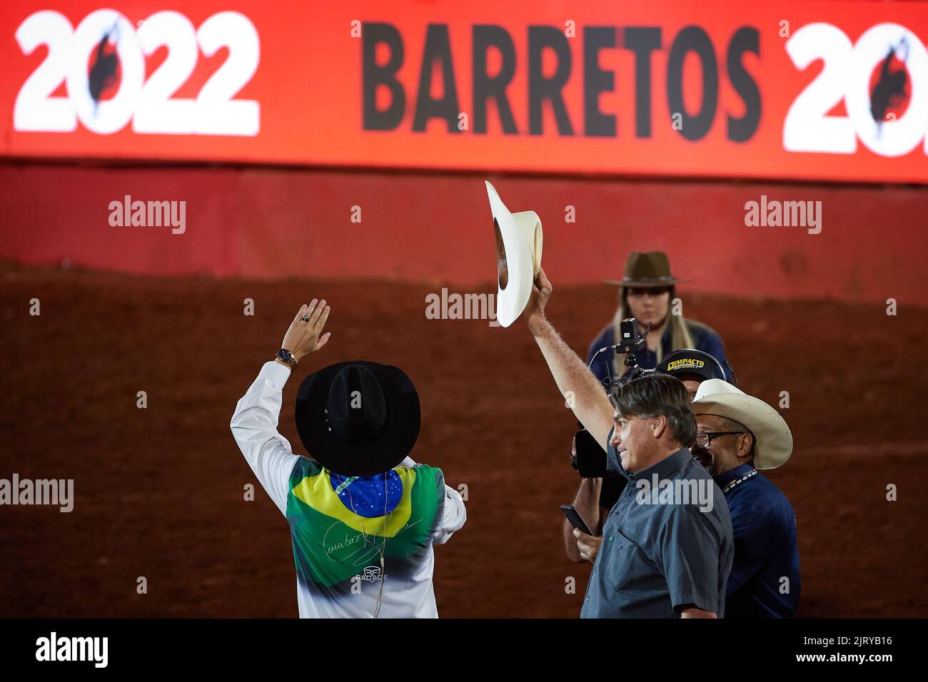 Barretos, Brazil. 26th Aug, 2022. Brazilian president and re-election candidate Jair Bolsonaro attends the opening of the 28th International Rodeo in Barretos, Sao Paulo, Brazil, on August 26, 2022. (Photo by Igor do Vale/Sipa USA) Credit: Sipa USA/Alamy Live News Stock Photo