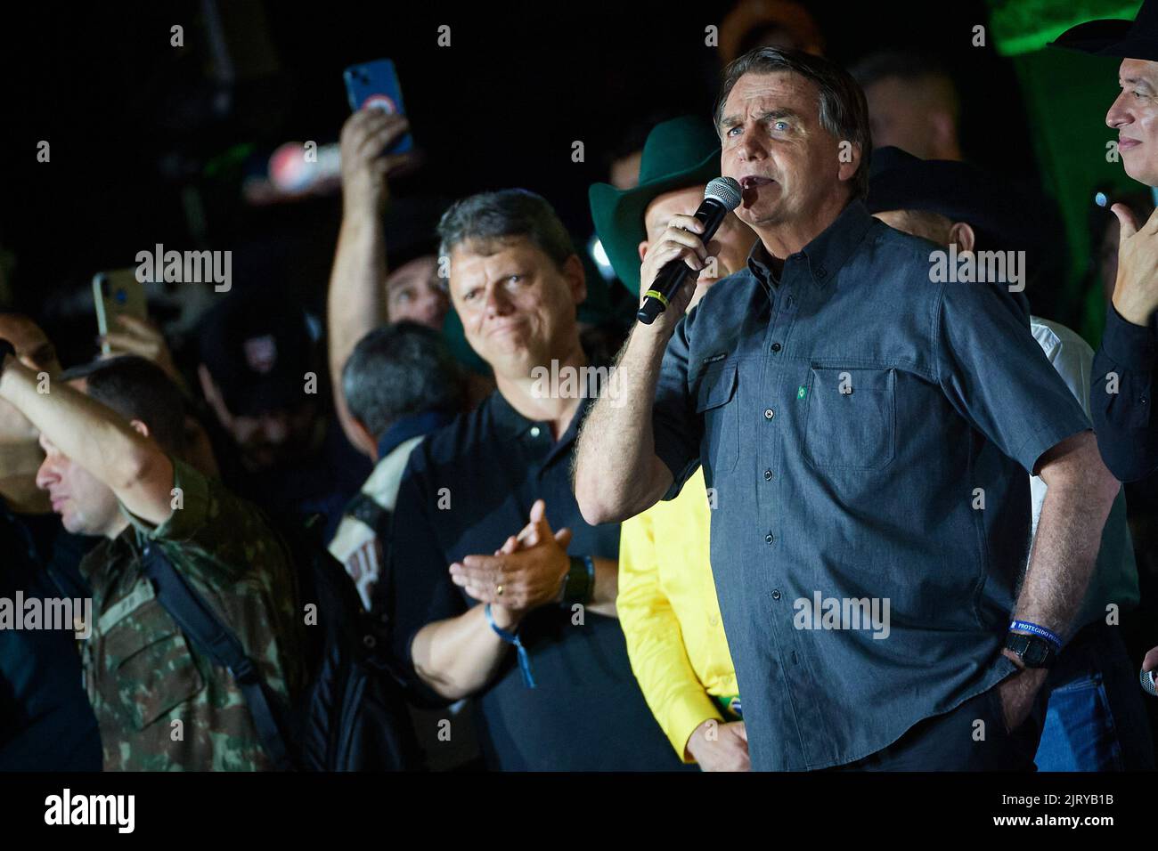 Barretos, Brazil. 26th Aug, 2022. Brazilian president and re-election candidate Jair Bolsonaro speaks during the opening of the 28th International Rodeo in Barretos, Sao Paulo, Brazil, on August 26, 2022. (Photo by Igor do Vale/Sipa USA) Credit: Sipa USA/Alamy Live News Stock Photo