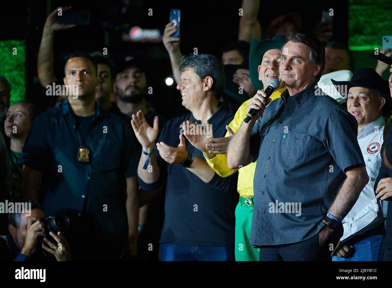 Barretos, Brazil. 26th Aug, 2022. Brazilian president and re-election candidate Jair Bolsonaro speaks during the opening of the 28th International Rodeo in Barretos, Sao Paulo, Brazil, on August 26, 2022. (Photo by Igor do Vale/Sipa USA) Credit: Sipa USA/Alamy Live News Stock Photo