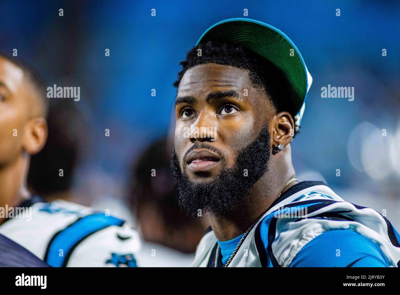 Charlotte, USA. 26th Aug, 2022. August 26, 2022: Carolina Panthers  defensive end Brian Burns (53) watches a replay of a possible fumble in the  fourth quarter against the Buffalo Bills in the