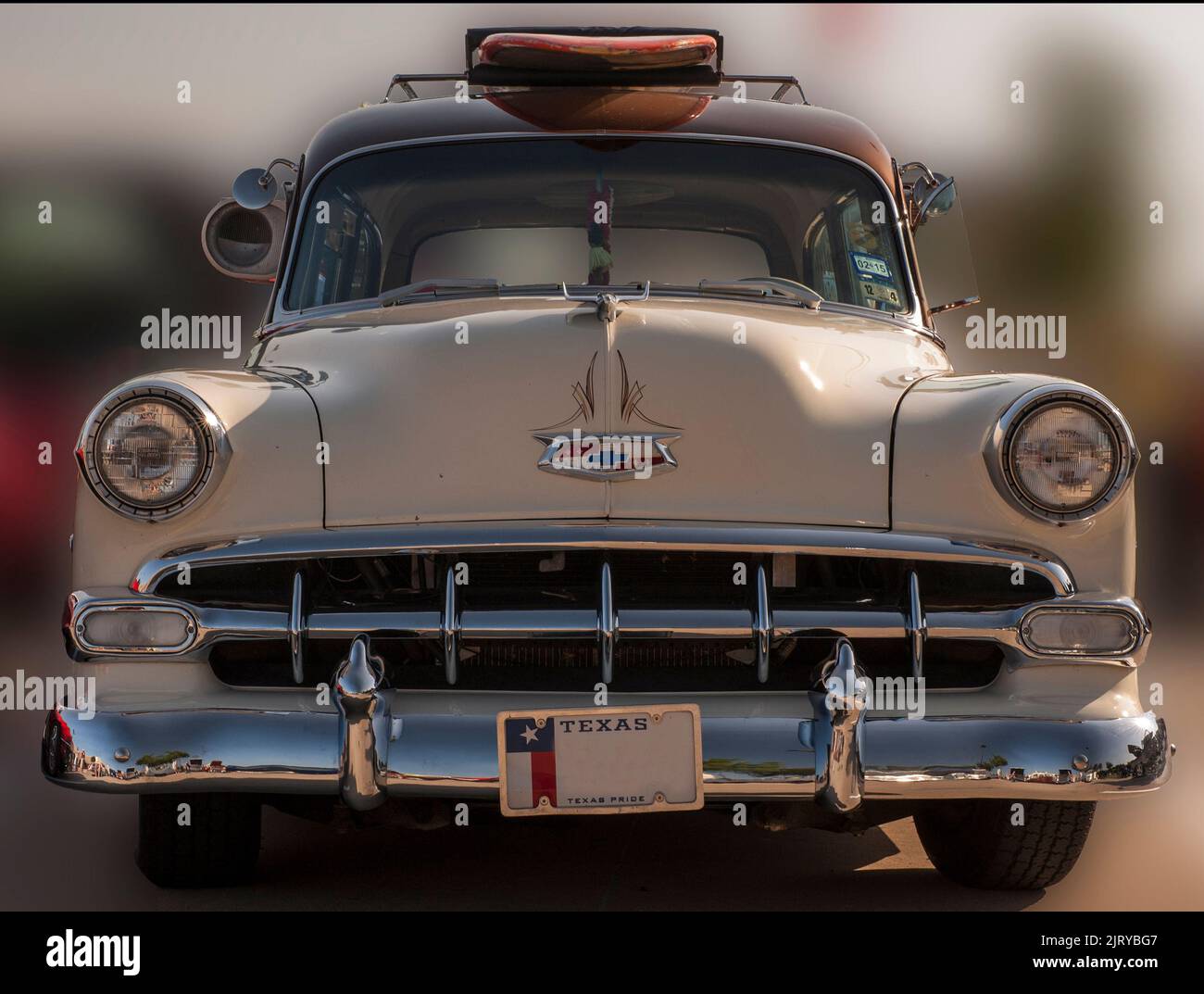 The 1954 Chevrolet Station Wagon grille work is an example of the American automotive art form that became popular in the 1950's and 1960's. Stock Photo