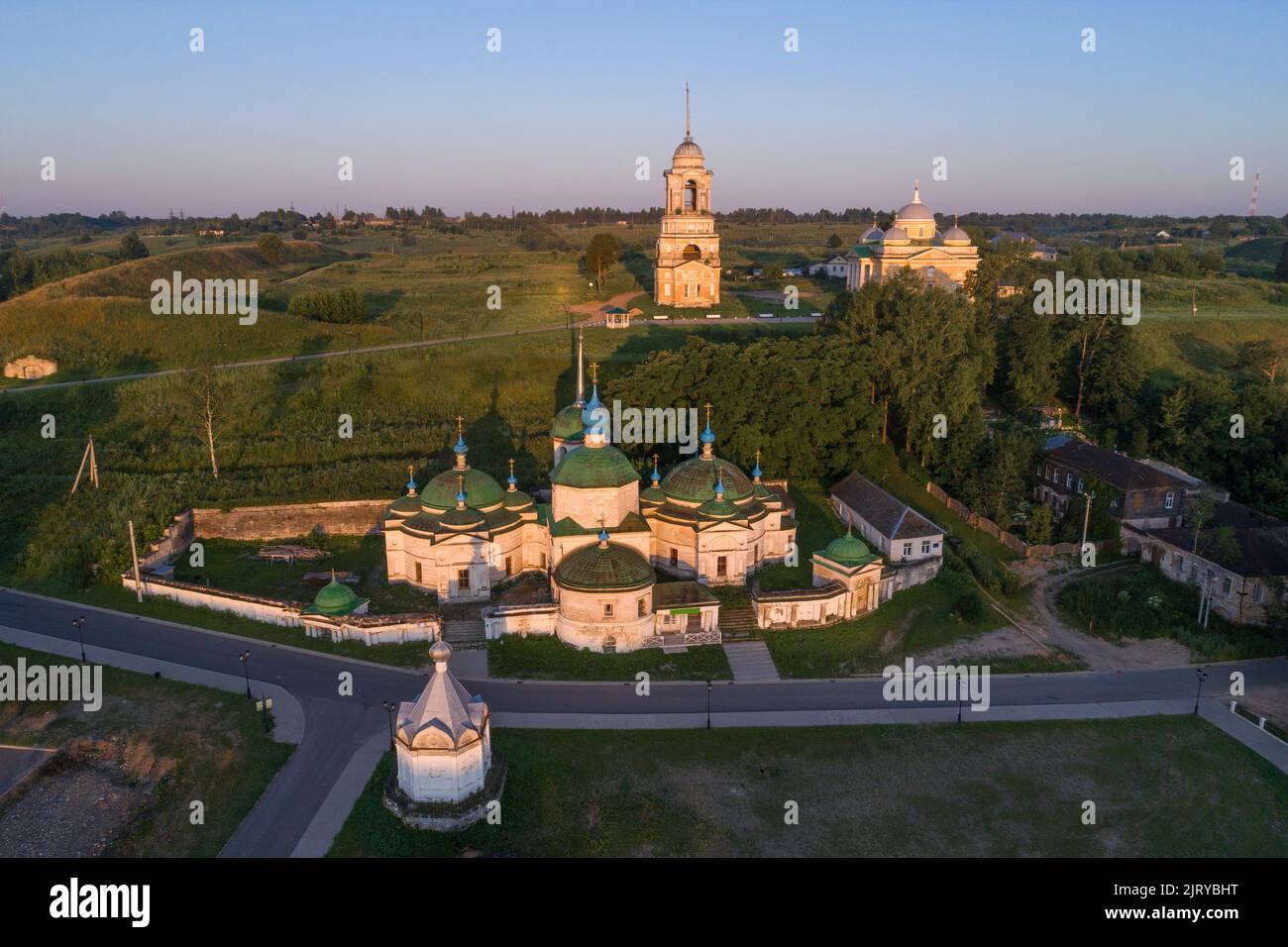 Ancient orthodox temples of Staritsa town in July morning landscape. Shooting from a quadcopter. Tver region, Russia Stock Photo
