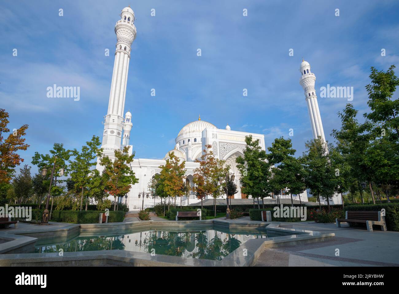 Sunny september morning at the mosque named after the prophet Muhammad (Pride of Muslims mosque). Shali, Chechen Republic. Russian Federation Stock Photo