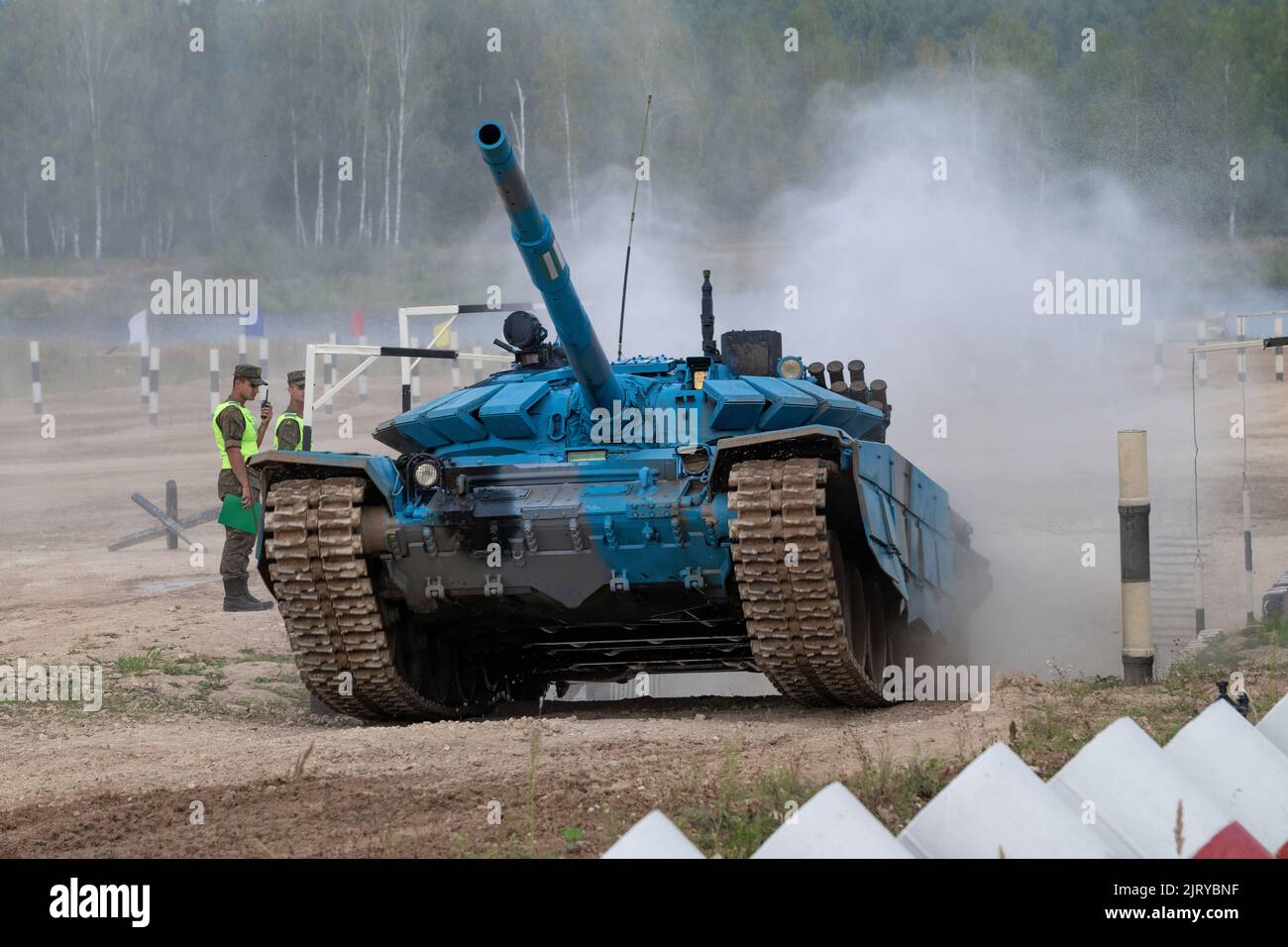 ALABINO, RUSSIA - AUGUST 19, 2022: Tank T-72B3 of the team of the Republic of Abkhazia after overcoming the 'Ditch' obstacle. Tank Biathlon, Internati Stock Photo