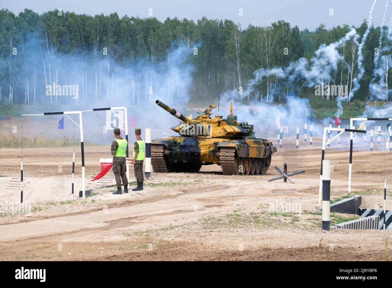 ALABINO, RUSSIA - AUGUST 19, 2022: Tajik team tank on the tank biathlon track on the Alabino training ground. International Army Games Stock Photo