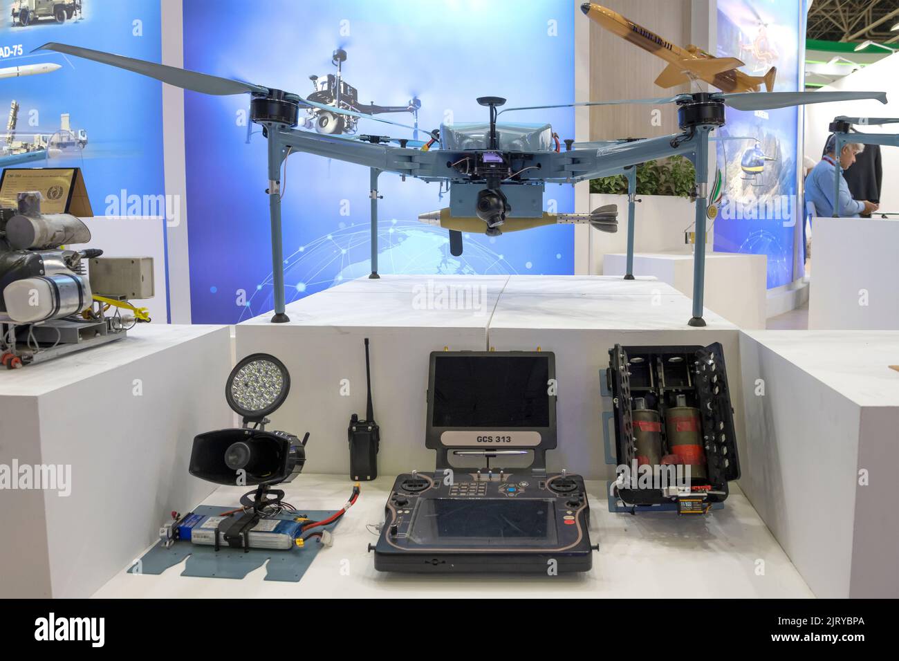 MOSCOW REGION, RUSSIA - AUGUST 19, 2022: Iranian quadrocopter in the exposition of the international military-technical forum 'Army-2022' Stock Photo