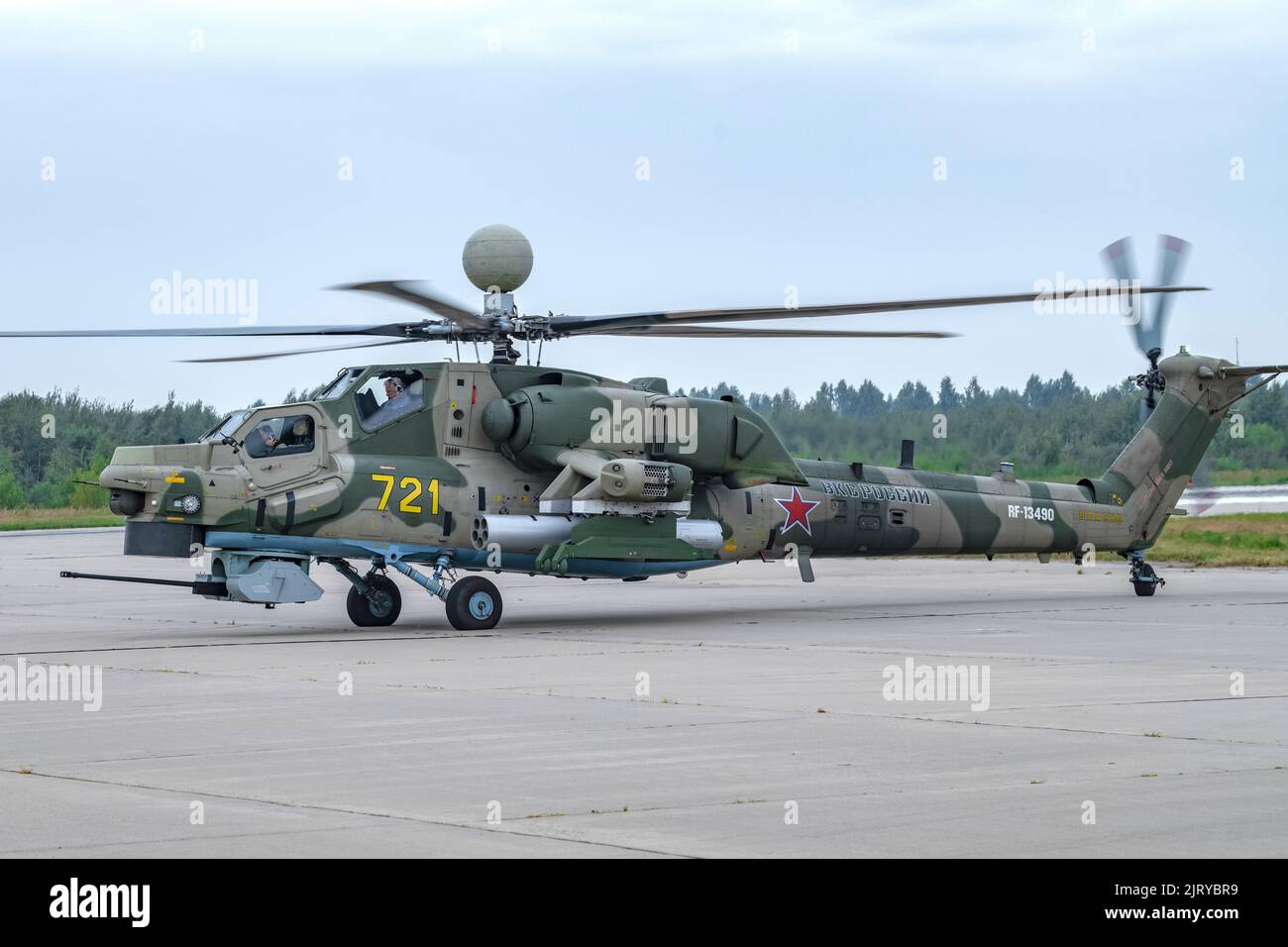 KUBINKA, RUSSIA - AUGUST 20, 2022: Helicopter Mi-28NM (RF-13490) is preparing for take-off. Kubinka airfield, Moscow region Stock Photo