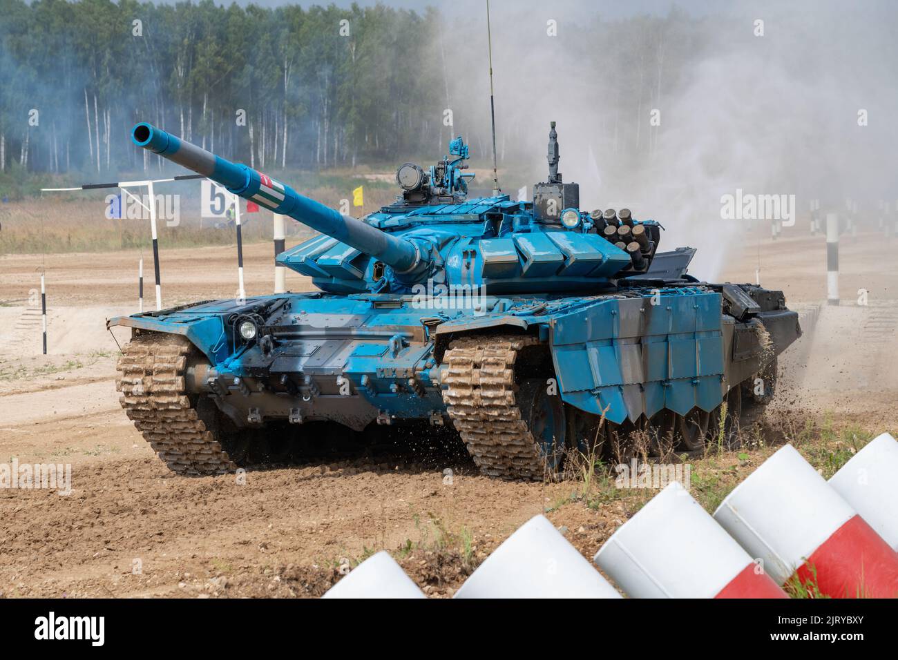 ALABINO, RUSSIA - AUGUST 19, 2022: Tank T-72B3 of the team of the Republic of Abkhazia on the tank biathlon track close-up. International War Games Stock Photo