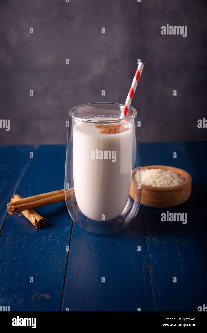 Agua de Horchata. Also known as horchata de arroz, it is one of the traditional fresh waters in Mexico, it is made with rice and cinnamon. Stock Photo