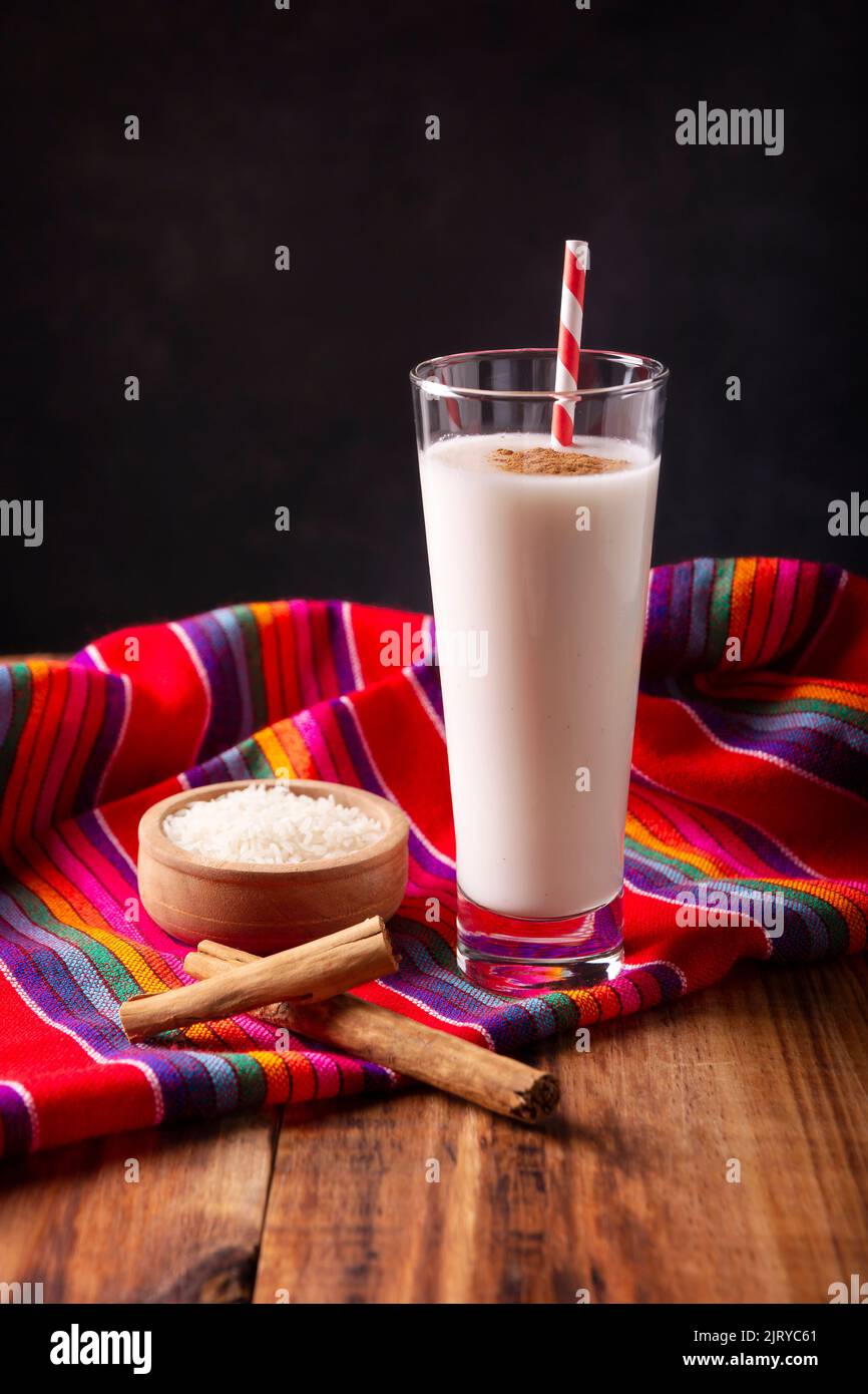 Agua de Horchata. Also known as horchata de arroz, it is one of the traditional fresh waters in Mexico, it is made with rice and cinnamon. Stock Photo