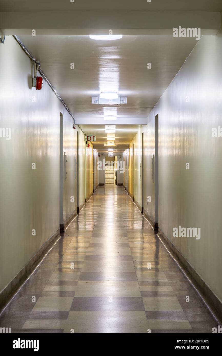 An empty hallway inside an apartment building. This building has since been demolished Stock Photo