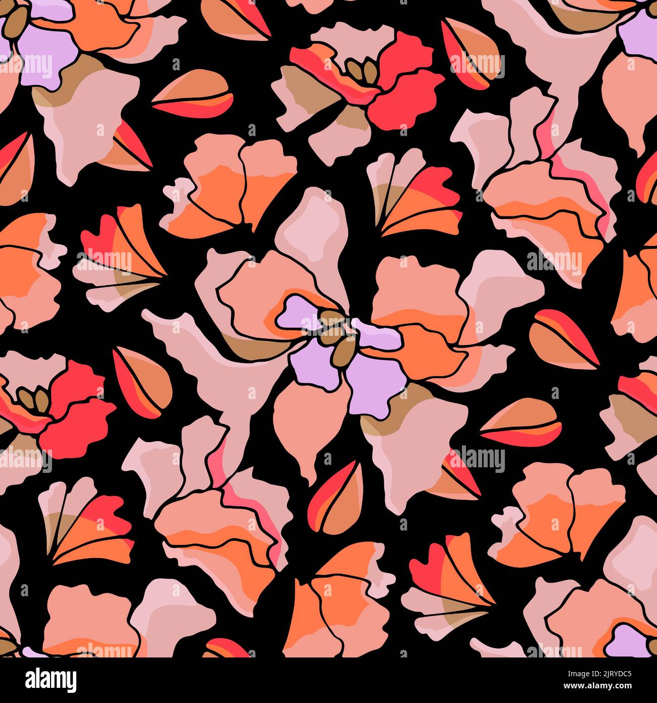 Vector floral seamless pattern. Stylized abstract flowers on a black background.  Stock Vector