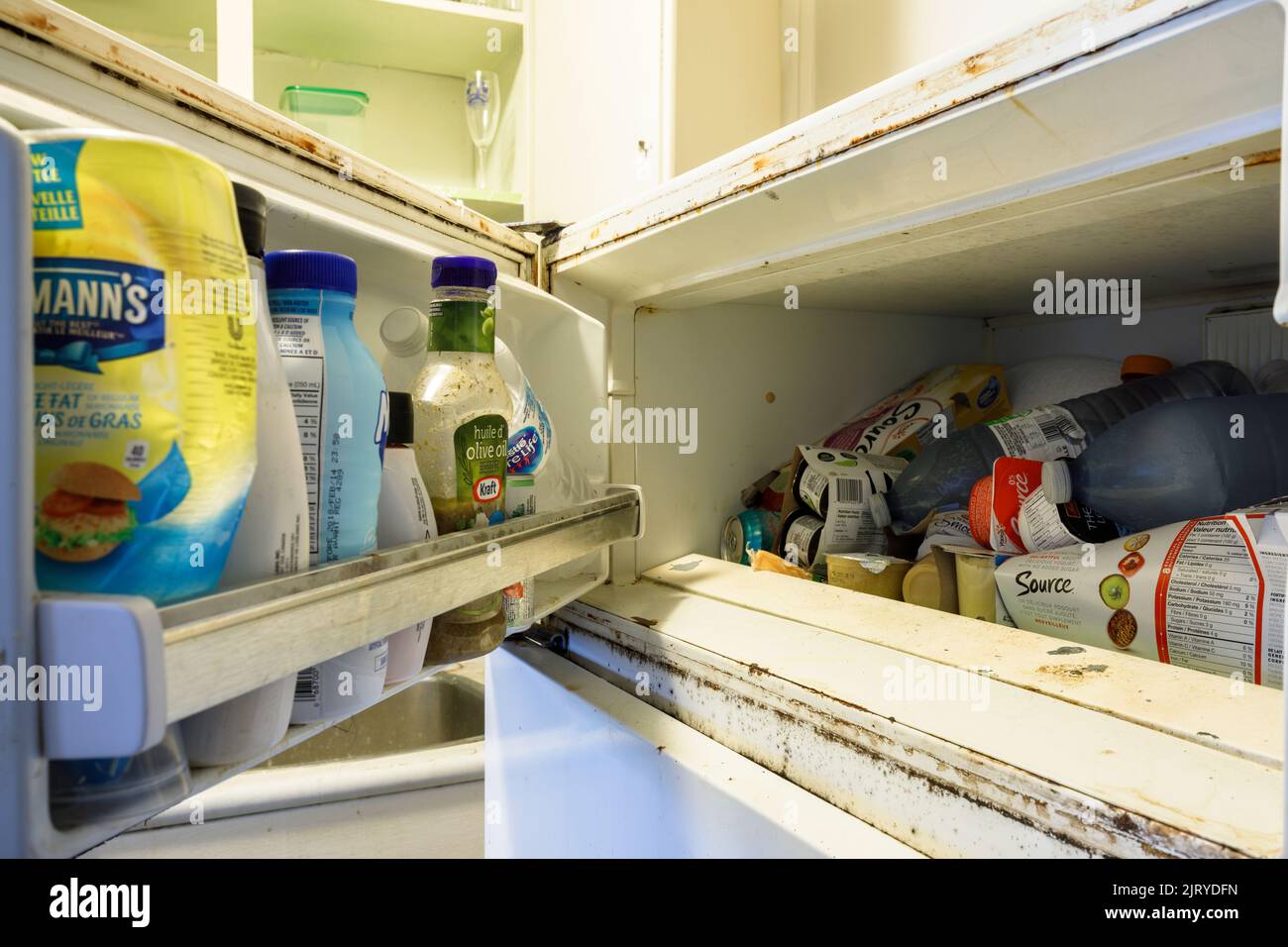 Various strange items in a dirty freezer. This building has since been demolished. Stock Photo