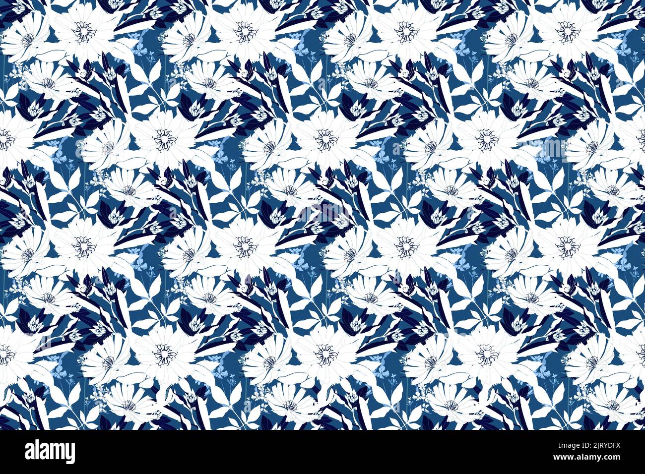 Vector floral seamless pattern in blue and white colors.  Stock Vector