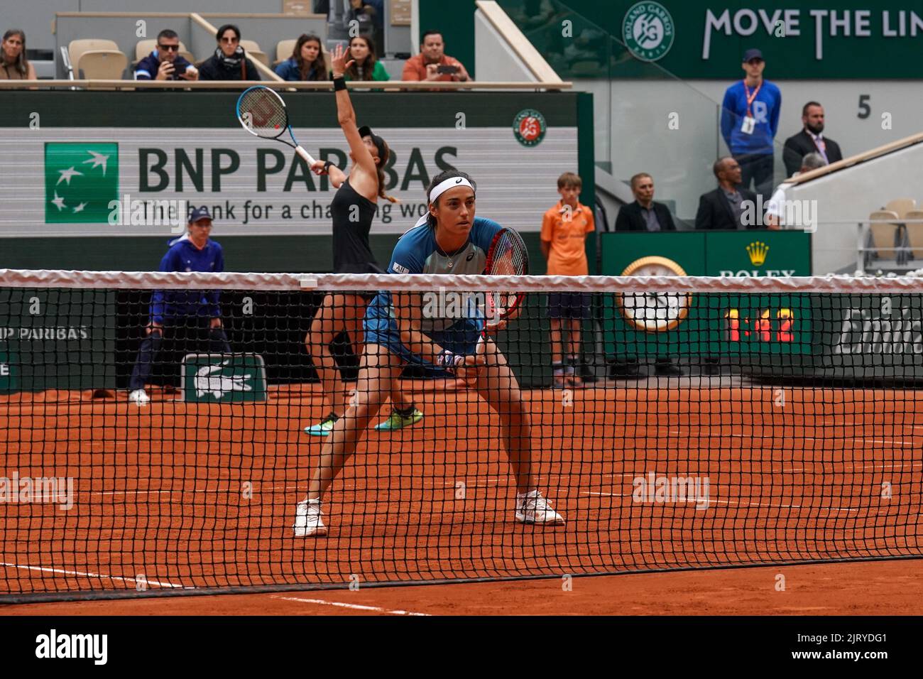 Professional tennis player Caroline Garcia of France in action during her women's doubles final match at Roland Garros 2022 in Paris, France Stock Photo