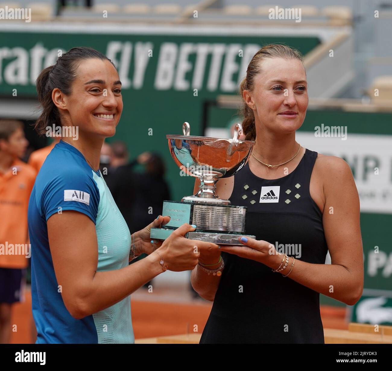 Roland Garros 2022 women's doubles champions Caroline Garcia (L) and Kristina Mladenovic of France during trophy presentation Stock Photo