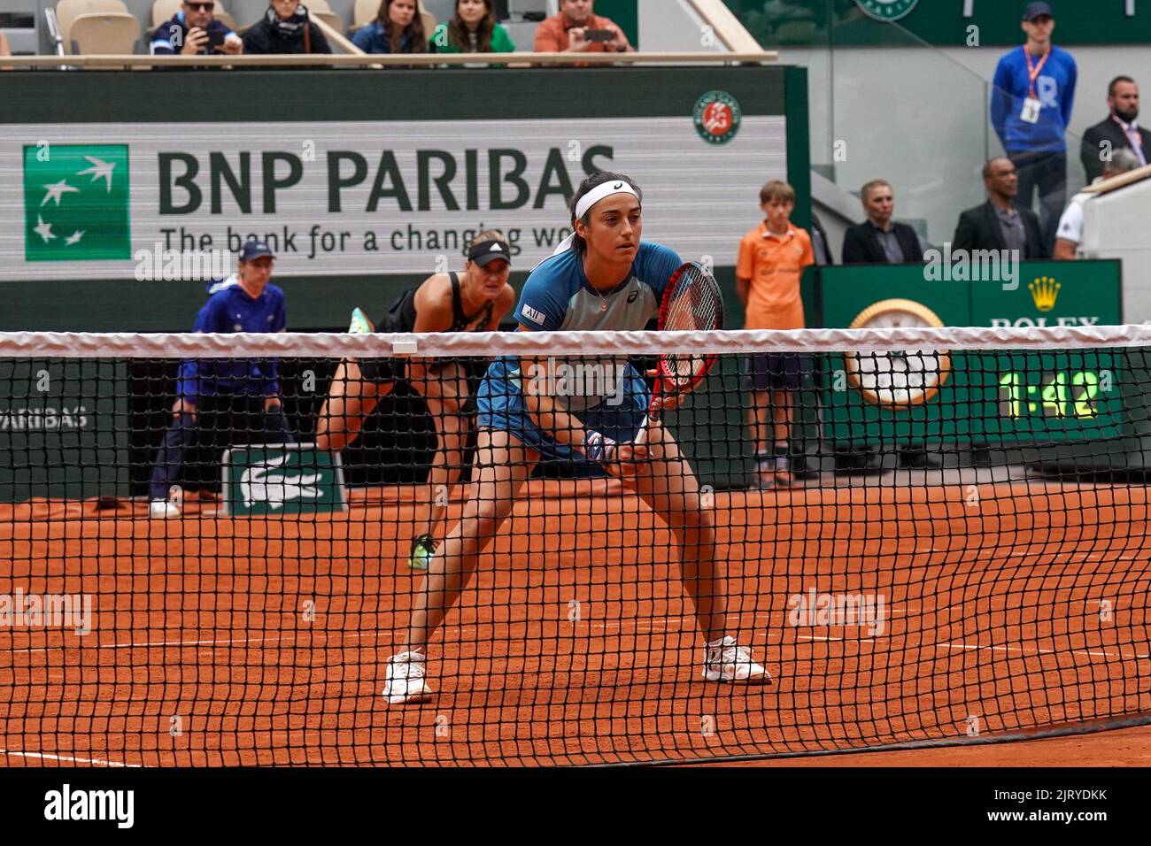 Professional tennis player Caroline Garcia of France in action during her women's doubles final match at Roland Garros 2022 in Paris, France Stock Photo