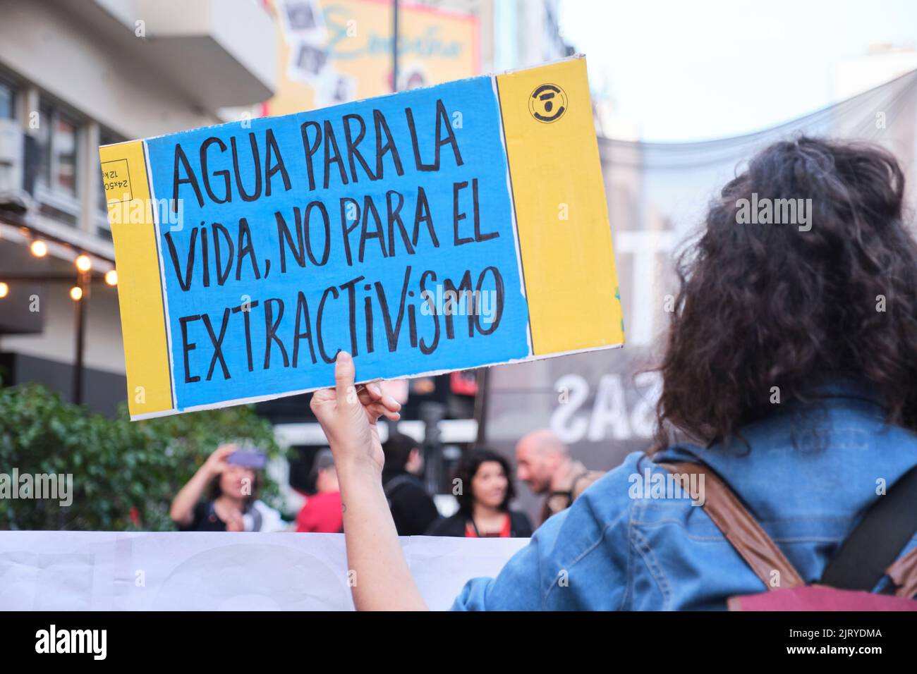 Buenos Aires, Argentina; August 25, 2022: Environmental activism, person with animal mask protesting with other people during the Global Climate Strik Stock Photo