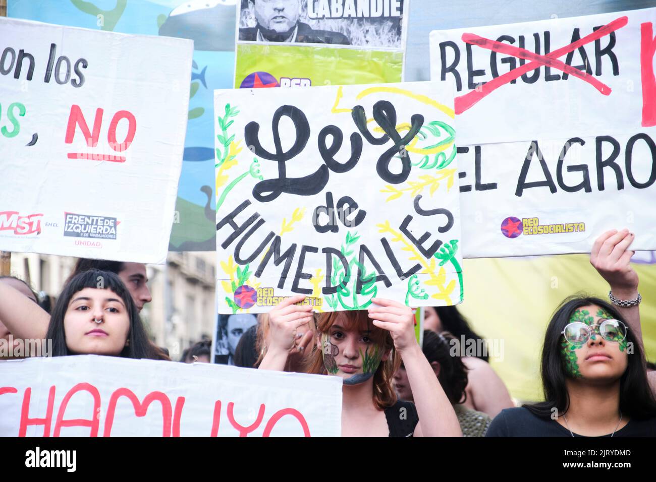 Buenos Aires, Argentina; August 25, 2022: Young people holding environmental posters at a demonstration against the extractivist system of natural res Stock Photo